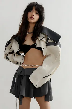 Beige Zipper Pockets Leather Short Shaped Jacket