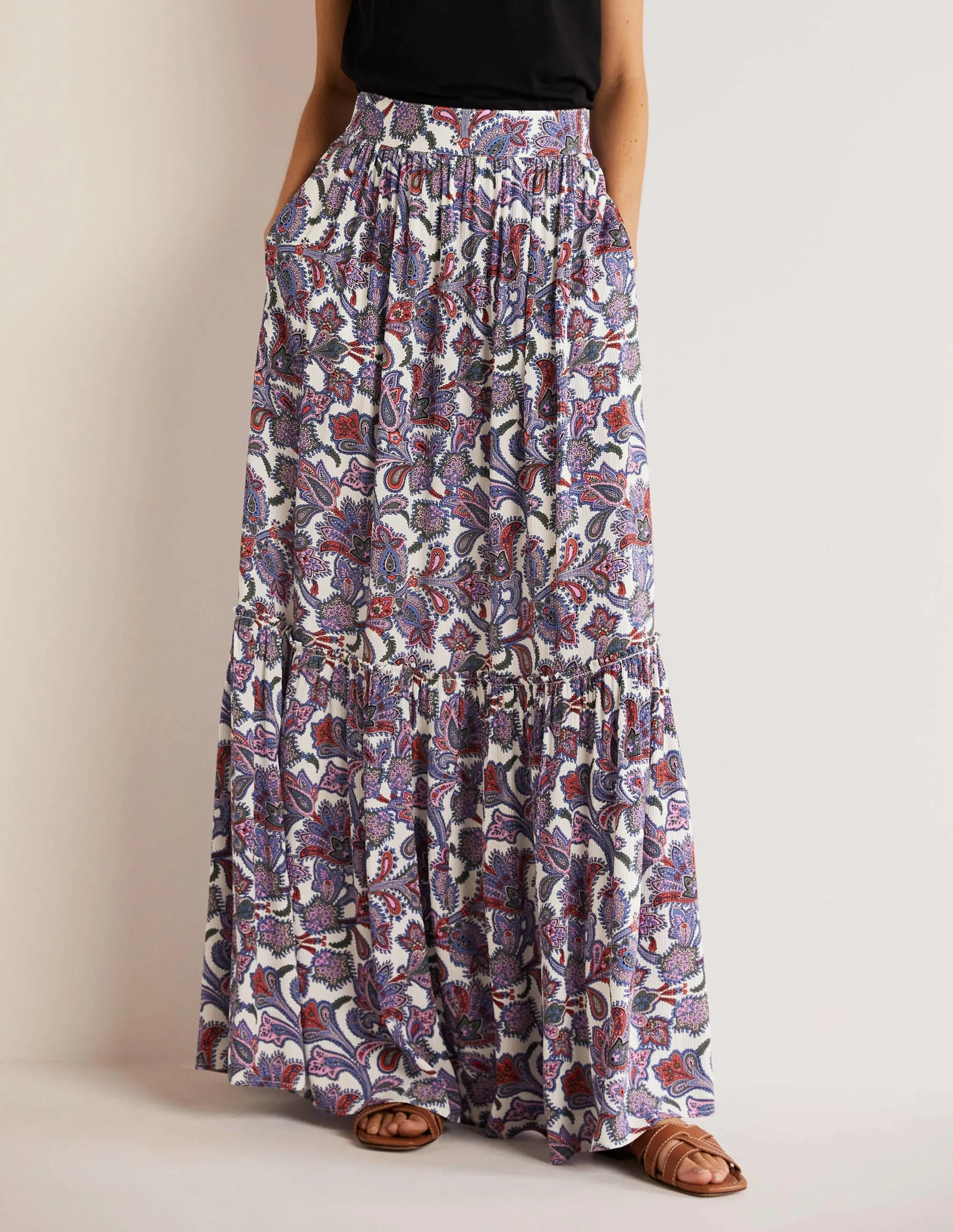 Grace Crinkle Maxi Skirt-Ivory, Paisley Bud