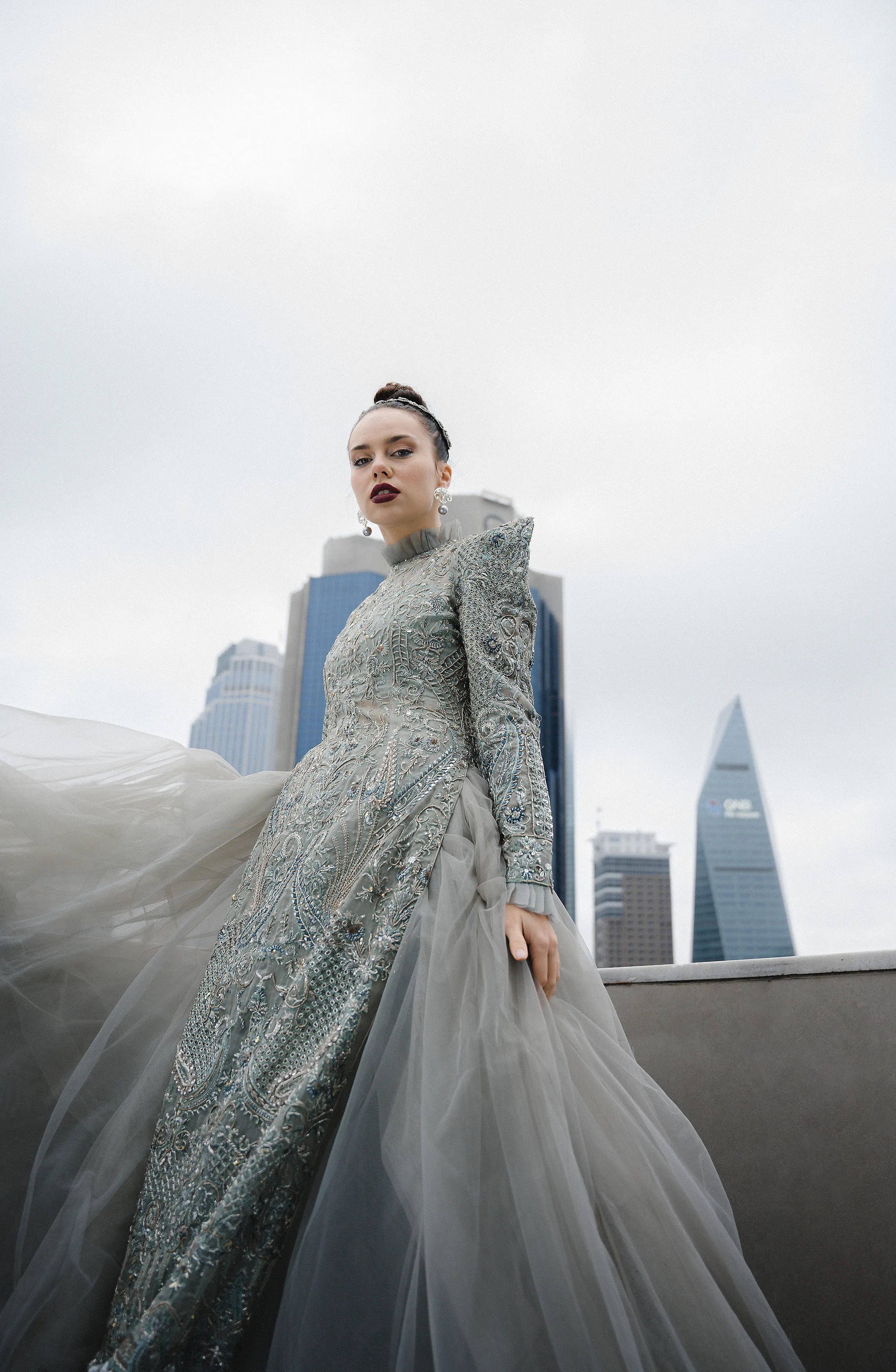 Long Straight Shirt in Subdued Blue with A Flowy Organza Skirt