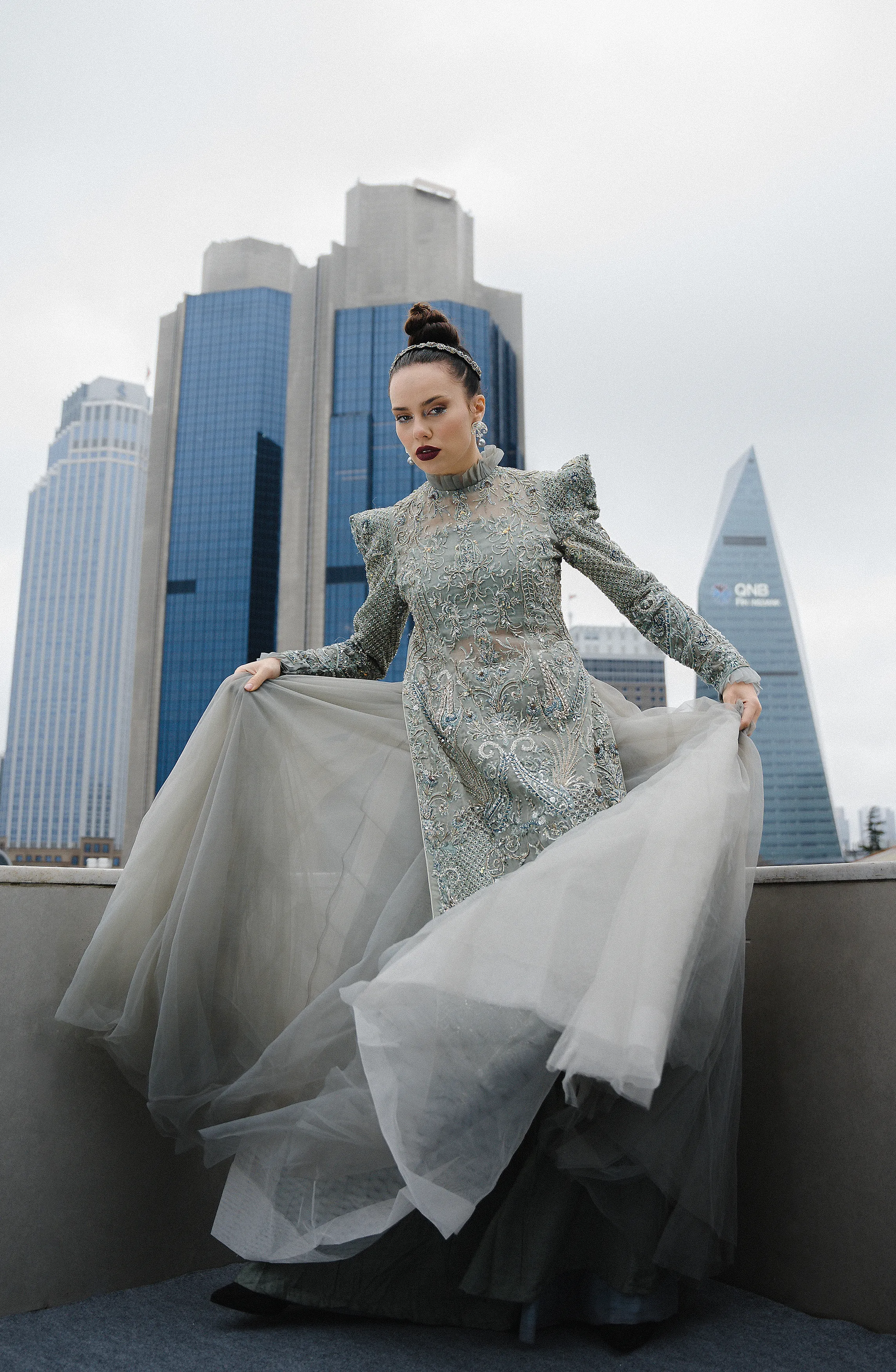 Long Straight Shirt in Subdued Blue with A Flowy Organza Skirt