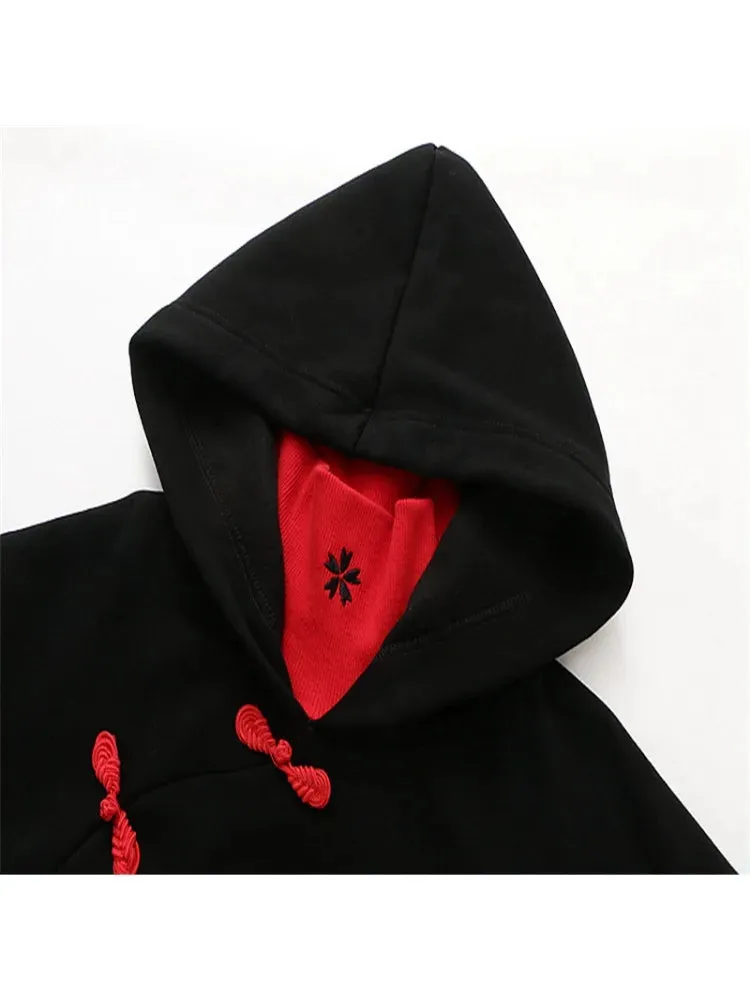 Metaversmall Women's Sweatshirt Black Cartoon Embroidery Harakuju Hooded Pullover Long Sleeve Sweet Style Top Winter Clothes Women