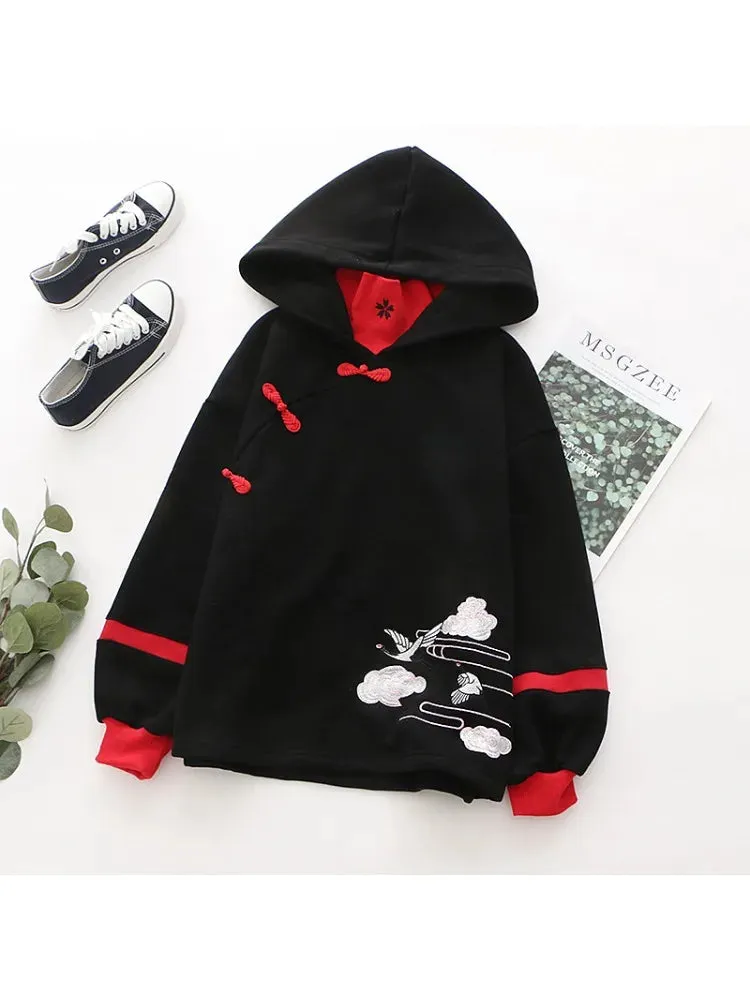 Metaversmall Women's Sweatshirt Black Cartoon Embroidery Harakuju Hooded Pullover Long Sleeve Sweet Style Top Winter Clothes Women