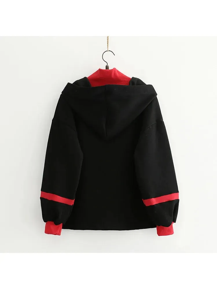Metaversmall Women's Sweatshirt Black Cartoon Embroidery Harakuju Hooded Pullover Long Sleeve Sweet Style Top Winter Clothes Women