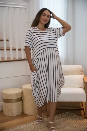 Short Sleeve Soho Dress in Navy/White Stripe