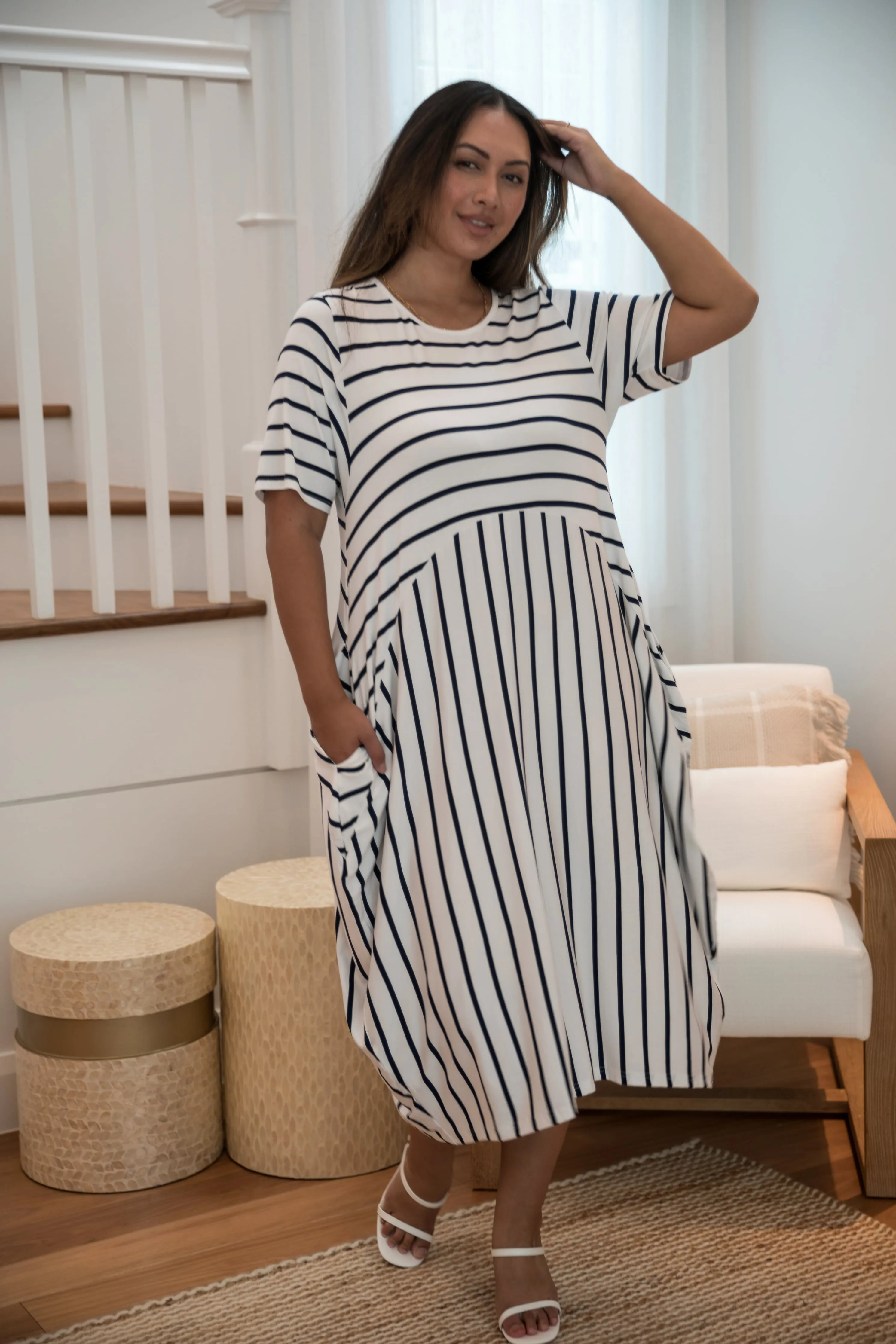 Short Sleeve Soho Dress in Navy/White Stripe