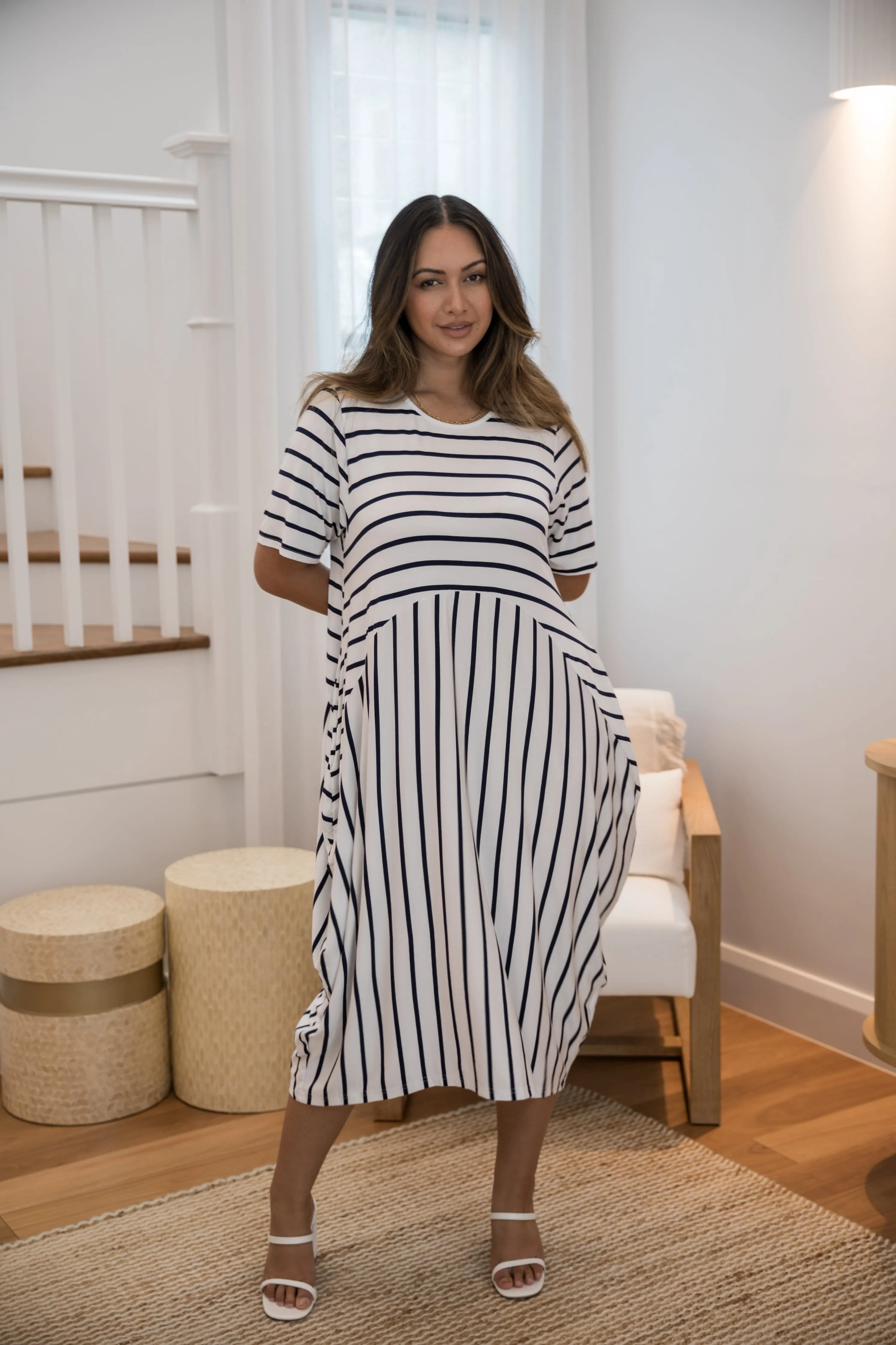Short Sleeve Soho Dress in Navy/White Stripe