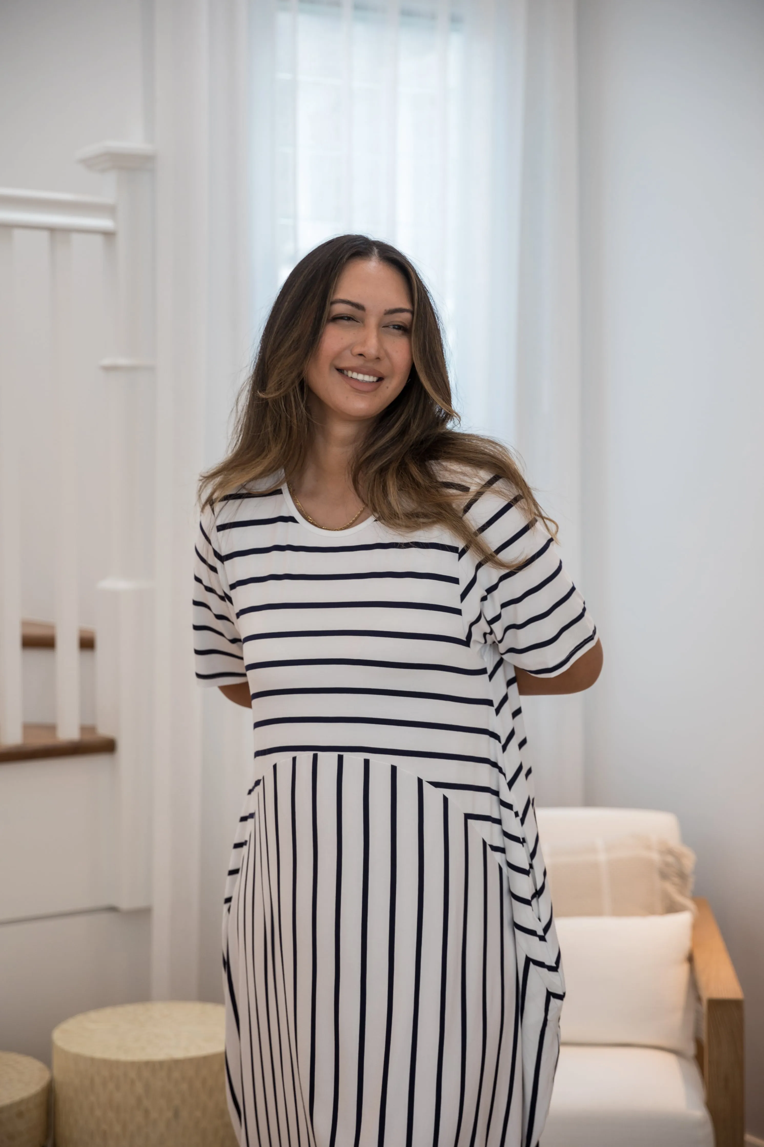 Short Sleeve Soho Dress in Navy/White Stripe