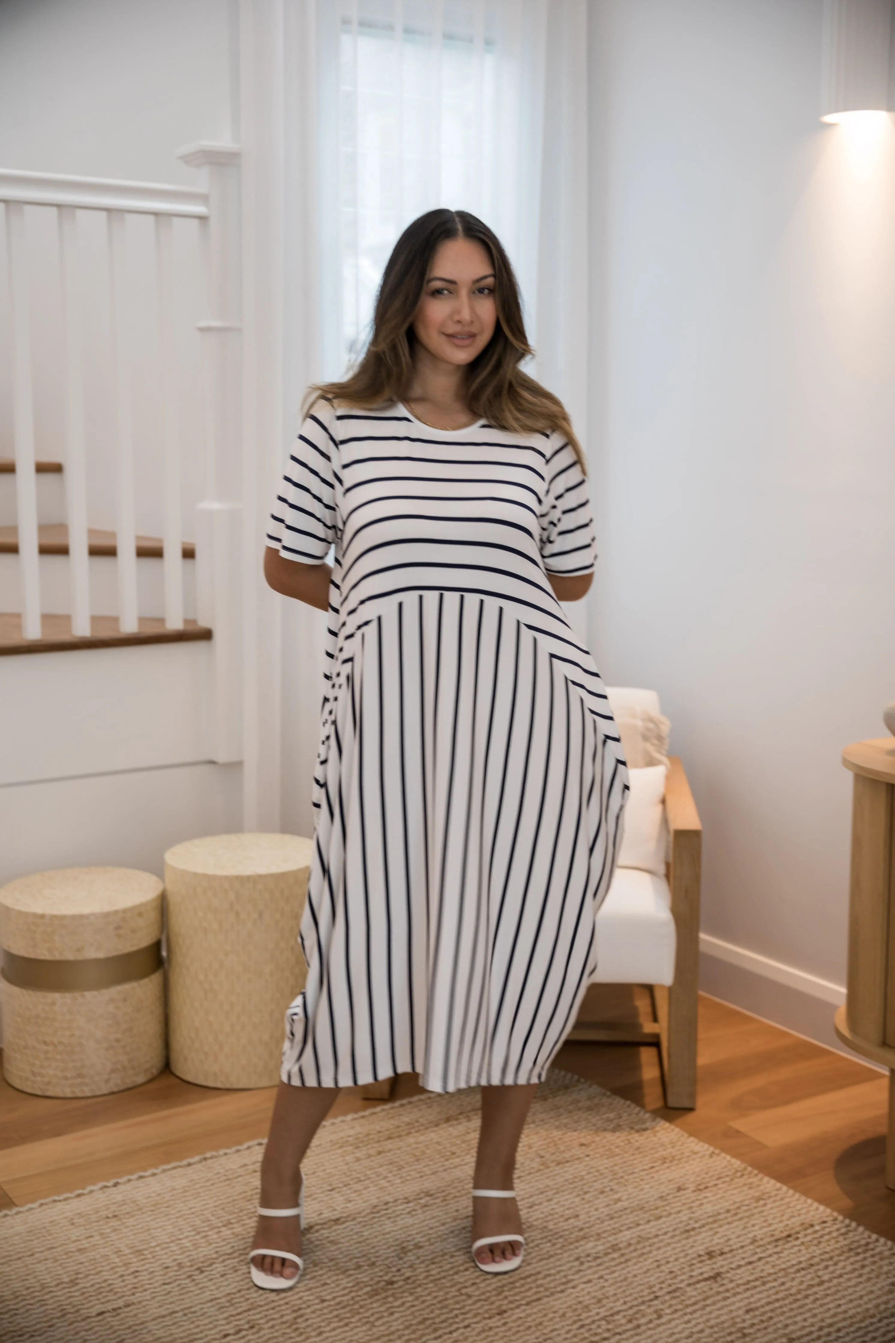 Short Sleeve Soho Dress in Navy/White Stripe